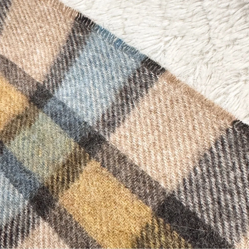 Bronte by Moon Lambswool Plaid Scarf in Blue, Brown, and Tan, Great Britain